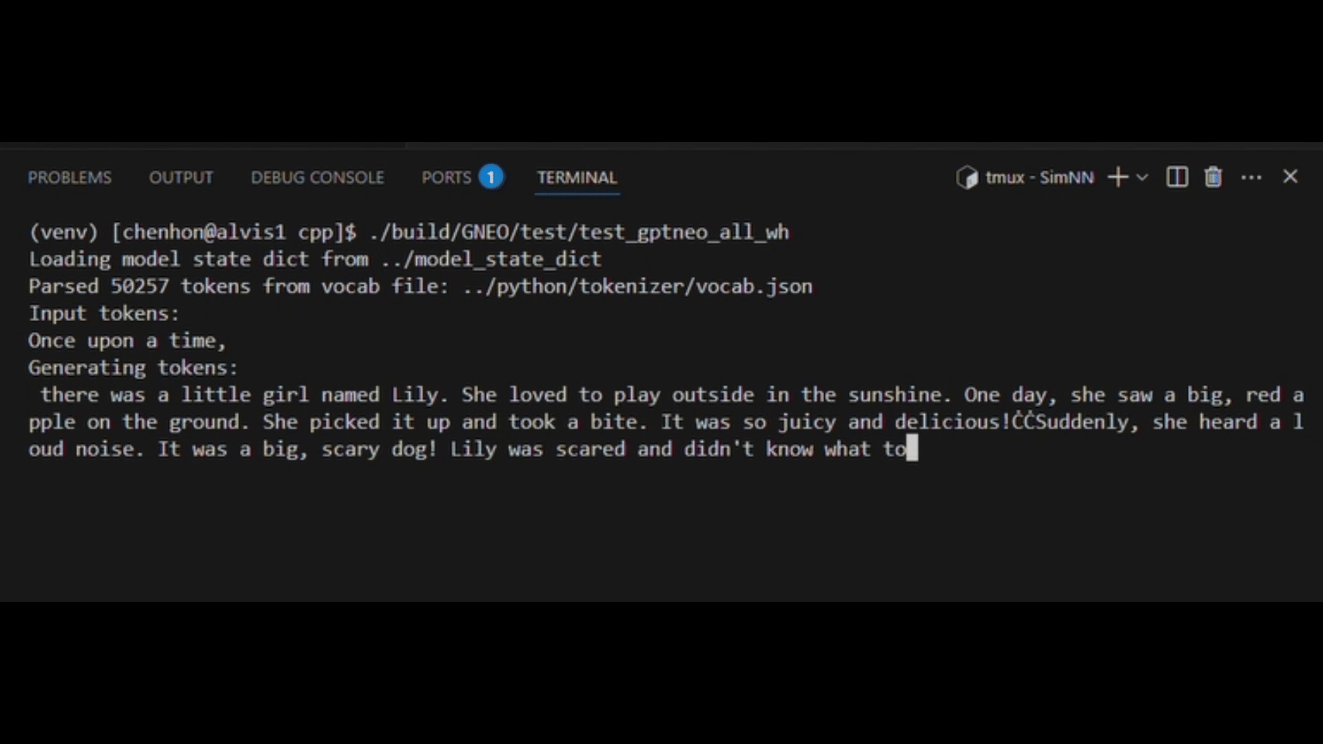 Terminal demonstration of the TinyML language model